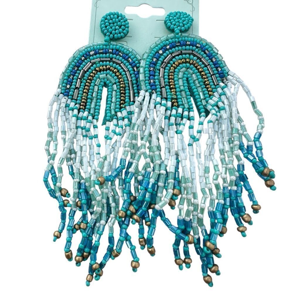 Western Seed Beads Fringe Earrings Long Cowboy Cowgirl Teal Aqua Blue Waterfall